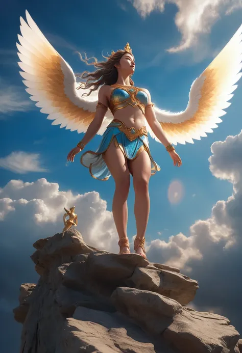 winged goddess taking off from a cliff, low angle shot, detailed soles of goddess' feet, detailed thighs of goddess, beautiful s...