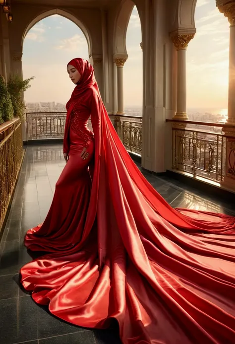 an alluring woman shrouded in a 4-meter-long, plush red satin cloth, tightly bound and grandly draping along the form of her bod...