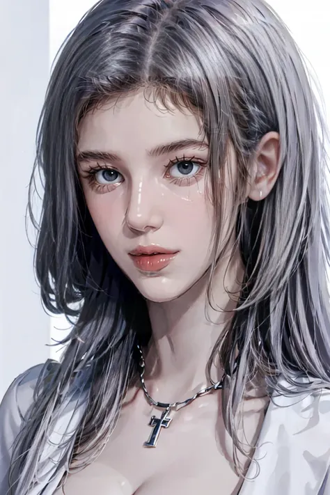 ((woman with tattoo on chest)), girl, ((long white hair with bangs,,, black strands of hair)), purple eyes, white t-shirt and wh...