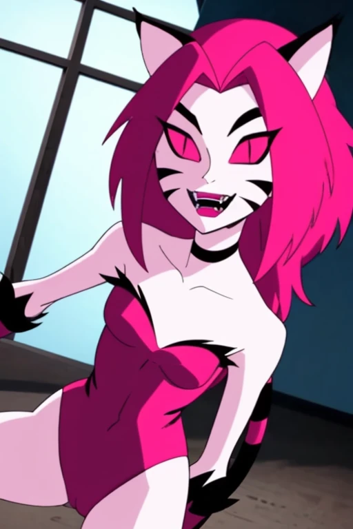 NyaNya,   1girl, solo, pink eyes, pink hair, pink skin, long hair, cat ears, pink sclera, cat tail, claws,  slit pupils, pink lips, whisker markings, pink bodysuit, fangs, bare shoulders, choker, pink bodysuit, trench jacket, gloves, room