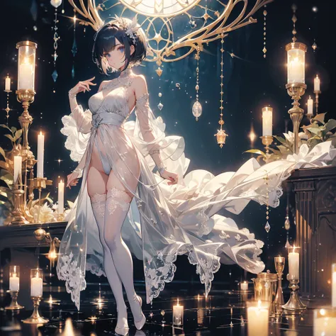 ((masterpiece, best quality)), Delicate face，Priest，whole body,Standing picture，Perfect body proportions，short hair，beautiful eyes，Fantasy style，White background，transparent，Lace，NUDE，Charm，Fishnet stockings