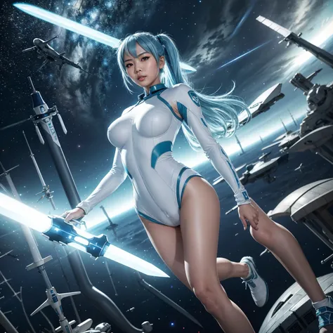 4k,hight resolution,one asian woman, light blue hair,poneytail.green eyes,colossal ,white cybersuit,bodysuits, (holding longswor...