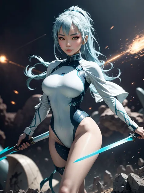 4k,hight resolution,one asian woman, light blue hair,poneytail.green eyes,colossal ,white cybersuit,bodysuits, (holding longswor...