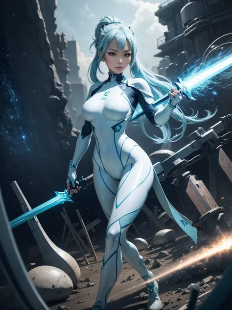 4k,hight resolution,one asian woman, light blue hair,poneytail.green eyes,colossal ,white cybersuit,bodysuits, (holding longswor...