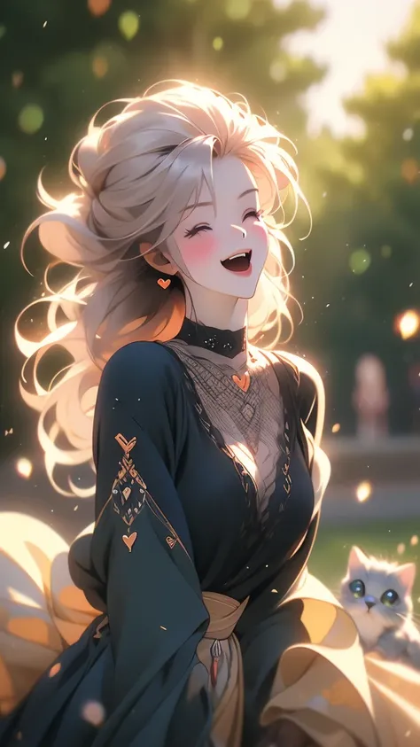 HD, 4K, a girl, Comfortable sweater, Upper body, (huge Laughing:1.1), (open mouth:0.1), (Keep your eyes open:1.3), The sun is dazzling, Bokeh, depth of field, blurred background, light particles, Strong wind, (heart particles:1.1), hair, black dress and cu...