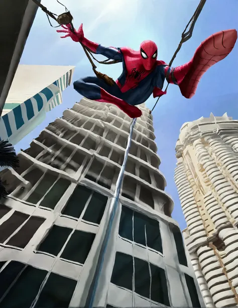 The Incredible Spiderman swinging between buildings in Bangkok, viewed from a low angle