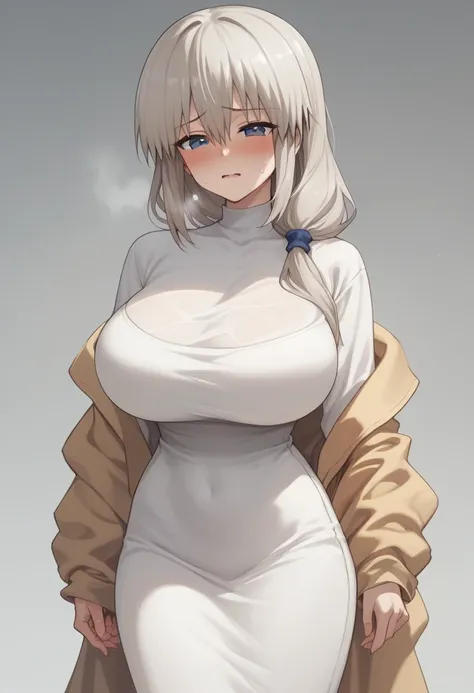 Huge breasts、blush、Sweat、In the heat、Long white hair、Braiding、uzaki_fortune、
{Highest quality}, {so beautiful}, {Very detailed}, {Best illustrations},Life、slim:1.5、Long sleeve long maxi dress(tight)、Are standing