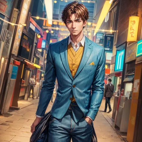 (high resolution, hyper-detailing), masterpiece, best quality. a handsome well-built wheatish skinned man standing. Face is detailed with short hair and is wearing a formal shirt and denim pants. Background is a brightly lit movie street with teal, red and...