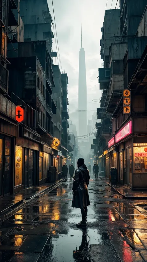 A highly detailed and realistic image of a cyberpunk-inspired environment where a lone figure stands at the edge of a worn platform, gazing at a sprawling, futuristic street in an older, gritty neighborhood. The scene is set in a dimly lit urban space, wit...