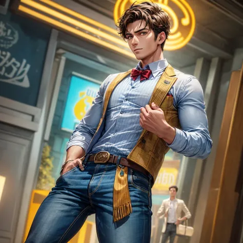 (high resolution, hyper-detailing), masterpiece, best quality. a handsome well-built wheatish skinned man standing. Face is detailed with short hair and is wearing a formal shirt and denim pants. Background is a brightly lit movie street with teal, red and...