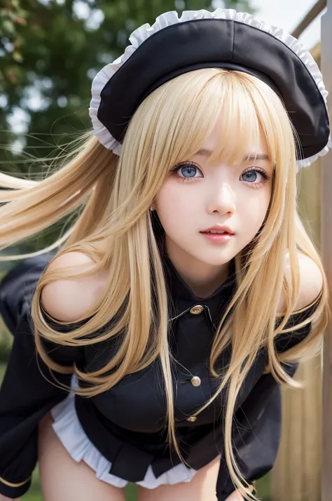 Sexy Big 、Sexy cute looks and cute 15 year old beautiful girl, beautiful and sexy face、A strong wind blows my hair in front of my face、length, Metallic blonde straight hair、beautiful, Cute and sexy eyes hidden behind long bangs, Gothic Maid Break Ceremony,...