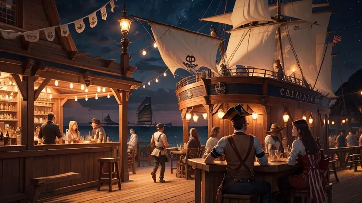 pirate ship,Terrace of a seaside tavern,night