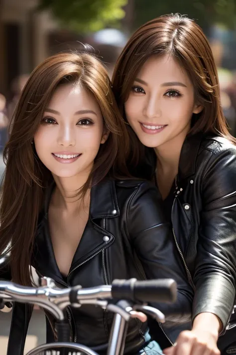 Two women on a bike , Leather jacket, Cinematic photography,(Ultra Realistic, High resolution), (Highly detailed eyes, Highly detailed hair, highly Detailed face, Highly detailed plump lips，Perfect Anatomy),(Highest quality:1.4), (Realistic, photo-Realisti...