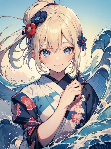 japanese style t-shirt design, hokusai wave, hokusai stil, with modern anime elements,((beautiful blue eyes)) blonde hair,ロング、髪を...