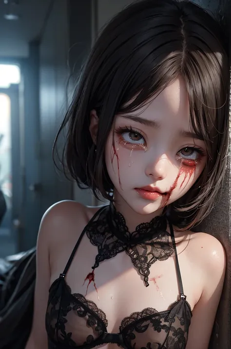 Highest quality, masterpiece, look up, cute,(Horror),(((少女の美しいzombie))),(zombie),(This girl is dead),Trying to bite,(((Bleeding,Injured))),(((Shedding tears of blood))),((口からBleeding)),((Covered in blood)),(A body covered in wounds),((zombieに身体中を噛みつかれた)),(...