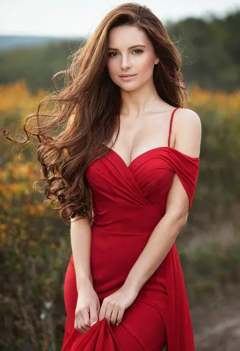 A beautiful woman with red dress and long brown hair 