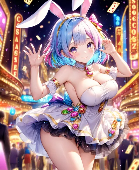 (Highest quality, 8k, 32K, masterpiece, Ultra-high resolution,:1.2),to be born, One Girl,So cute , Casino-like fantasy background, clear, Shining Eyes, Age 25 ,Fair skin, Girl with colorful hair, Fantasy Clothing, Short Hair, An innocent smile, Small Dress...