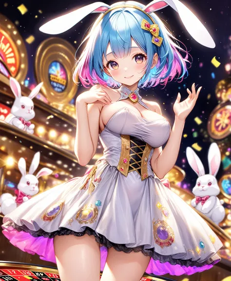 (Highest quality, 8k, 32K, masterpiece, Ultra-high resolution,:1.2),to be born, One Girl,So cute , Casino-like fantasy background, clear, Shining Eyes, Age 25 ,Fair skin, Girl with colorful hair, Fantasy Clothing, Short Hair, An innocent smile, Small Dress...