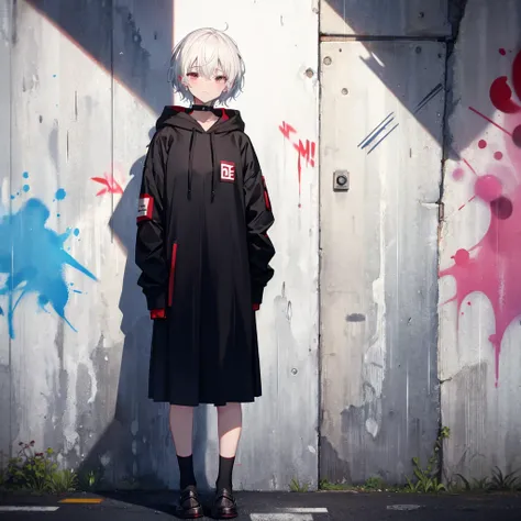 (((1 person　White hair、short hair　closure ~ Eye　Black and red outfit、hoodie)))　(((high resolution　Getting wet in the rain　Black long skirt　Loafers)))　(((Sad face、closure-up　Cry and smoke)))　(((((Standing against a wall　Color spray graffiti)))))　((in the ra...