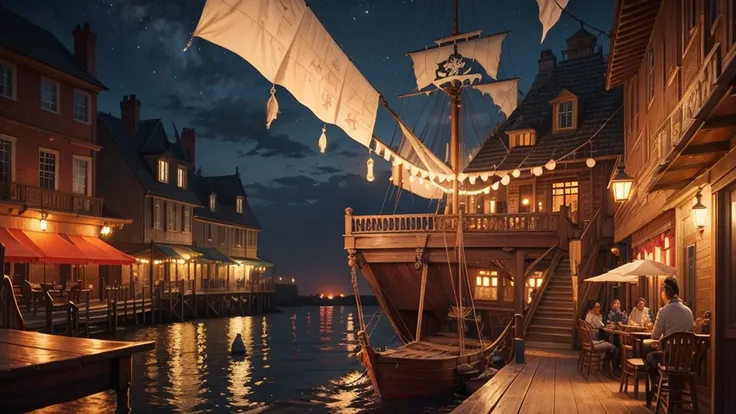 pirate ship,Terrace of a seaside tavern,night