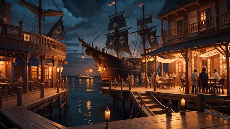 pirate ship,Terrace of a seaside tavern,night