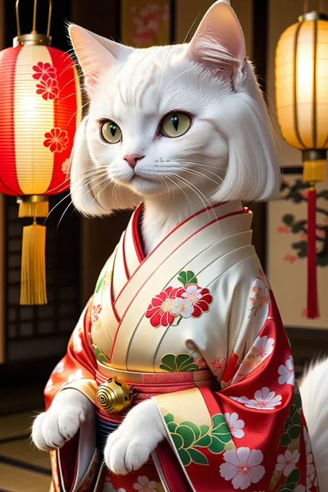 Realistic portrait of a cat in a Japanese kimono - a beautiful long-haired white cat、Beautiful bob hair,flower hairpin on head、(Japanese traditional clothing), (banquet hall,,Lantern light、 Traditional Japanese room:1.5), The background is a gold folding s...