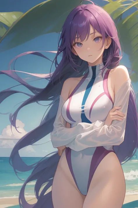 masterpiece, The best quality, High Resolutions, sh1, Senjougahara Hitagi, Long hair, long sleeves, Atar,((( high neck swimsuit))),thighs , cowboy shot, Crossed arms,