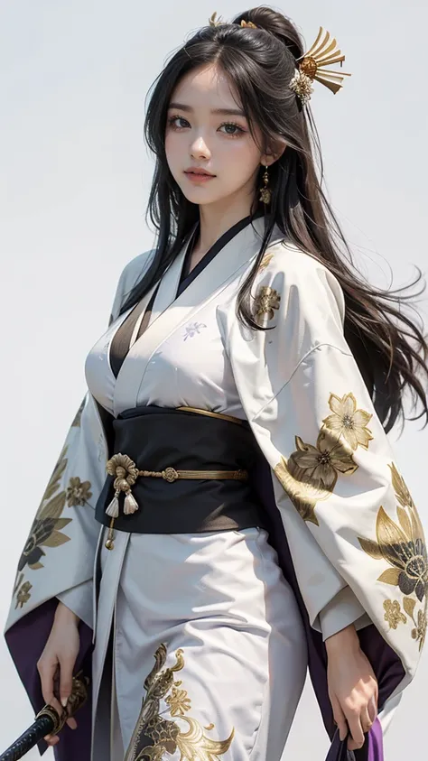 master piece,　best quality,　ultra detailed,　photorealistic,　voluptuous,　1 young girl,　fair skin,　pale skin,　long hair,　black hair,　smile,　mega breasts,　gorgeous bluck kimono,　cowboy shot,　looking up,　white background,　A gorgeous black and gold patterned ki...