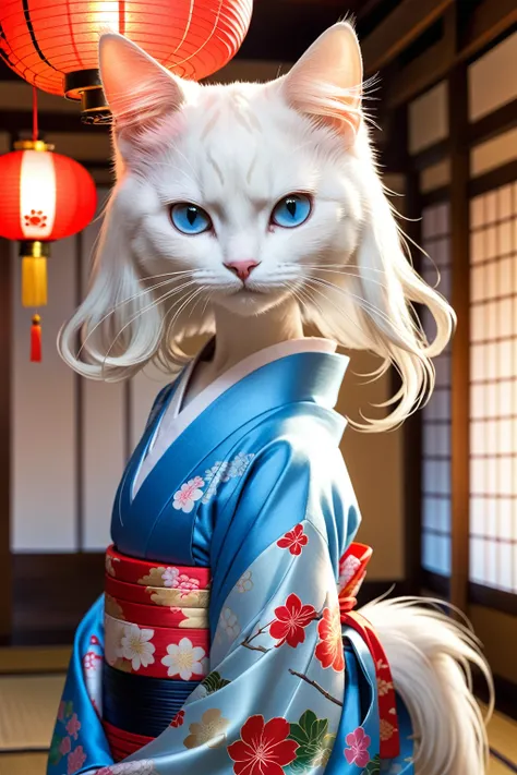 Realistic portrait of a cat in a Japanese kimono - a beautiful long-haired white cat、Beautiful bob hair,flower hairpin on head、(Japanese traditional clothing), (banquet hall,,Lantern light、 Traditional Japanese room:1.5)Mysterious blue eyes、doaxvv_Marie Ro...