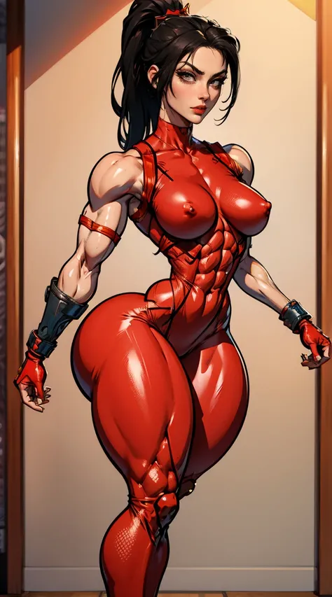 (Muscular:2.1), (thick thighs:2.2), 
(asian female:1.5), (Taki2), (black hair), ponytail, (angry),
hard nipples, (small breasts),
eyeshadow, red lips, (red, sleeveless, skintight red full bodysuit:1.9), (ninja:1.3), fingerless gloves, (mesh:1.5), (armor:1....