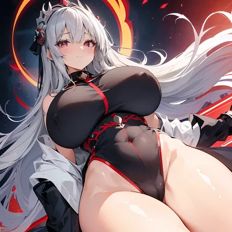 Expressive eyes, (((1 girl))), ((anime)), (Silver Hair), ((Red eyes))，(Half closed eyes), ((very Big Breasts)), ((Firm breasts)), ((Exposed thighs)),((goddess，Nuns))((Sister&#39;s Clothes，Black Dress，See through)), ((Big Breasts，Nipple slits)), ((Blunt ban...