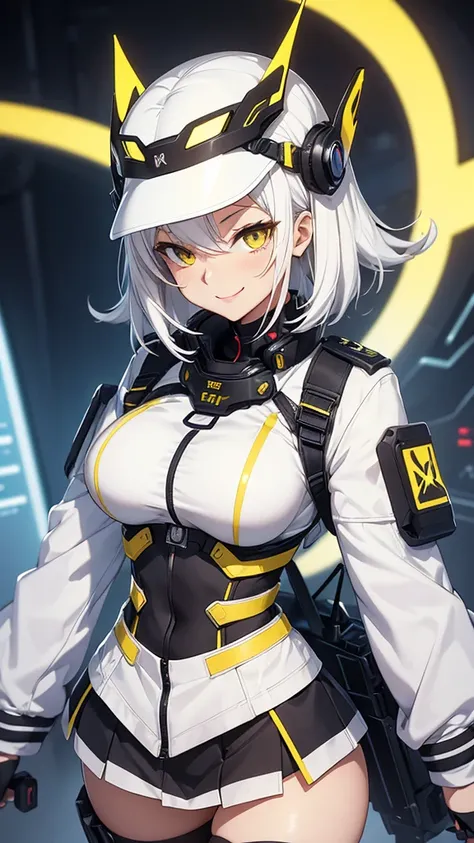 Anime, attractive woman, mecha millitary, small bust, tight padded white shirt, unbuttoned white jacket, black skirt, black and yellow accents, tech bits on her clothing, short white hair, white skin, happy, horny smile, techy hedset,  yellow visor,