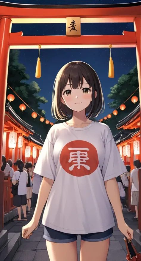 A girl in a T-shirt enjoying the summer festival at a shrine at night