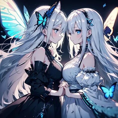 2 girls、Two Girls、Gazing at each other、Face to face、Mature、Ample breasts、Long Hair、White Hair、Blue Eyes、Butterfly headphones、Holding each others hands、Vocaloid、magnet、Bust-up perspective、Shoulder Bare、Black Dress、High resolution、Highest quality、Movie light...