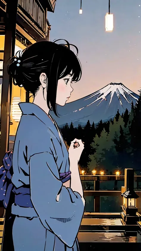 fair、shrine、yukata、Black Hair、profile、Shortcuts、Girl、night、Lantern Light、hanabi、mt.fuji