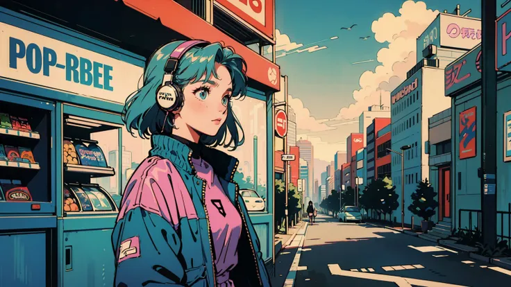 a sunny afternoon in a retro-futuristic tokyo, a 18-year-old woman with long, pastel-colored hair wears a holographic jacket. sh...