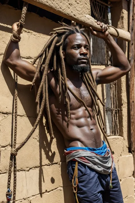 African man with dreadlocks wanting to commit suicide with rope