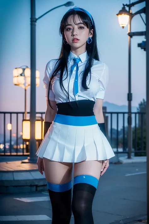 (masterpiece:1.4),(Highest quality:1.4),超High resolution,High resolution,8k resolution,One girl,blue sky,Street lamp,Earrings,Large Breasts, Glowing Skin,(Black knee socks, White shirt, Blue mini skirt:1.3),View your viewers