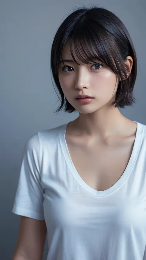 Highest quality, masterpiece, Ultra-high resolution, (Realistic:1.5), RAW Photos, 1 girl, White T-shirt, Simple Background, Deep Shadow, Inconspicuous key, Cold Light, Sexy look, short hair