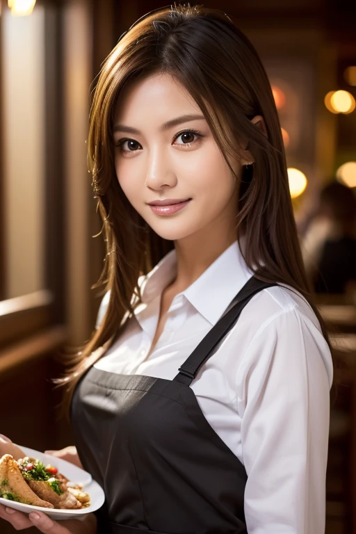 A restaurant worker delivering food, Restaurant staff attire, Cinematic photography,(Ultra Realistic, High resolution), (Highly detailed eyes, Highly detailed hair, highly Detailed face, Highly detailed plump lips，Perfect Anatomy),(Highest quality:1.4), (R...