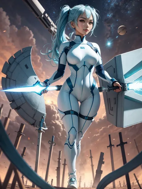 4k,hight resolution,one asian woman, light blue hair,poneytail.green eyes,colossal ,white cybersuit,bodysuits, (holding longswor...