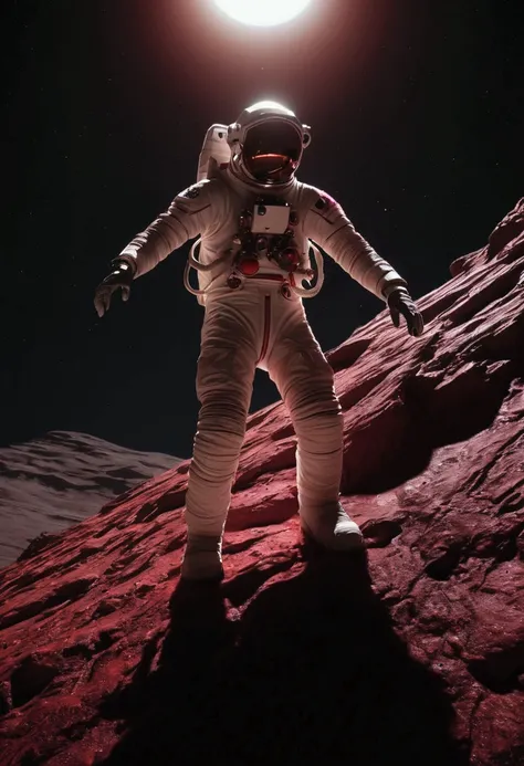 (Low Angle Shot, from below, wide-angle lens:1.4), a lost astronaut embarks on anadventure across landscapes painted in shades of (crimson and black:0.5), uncovering mysteries hidden beneath the surface, captivating chiaroscuro, dynamic movement, (special ...