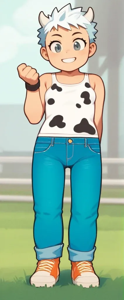 score_9, score_8_up, source_anime, masterpiece, best quality, BREAK 1girl, white horns, white spiked hair, grey eyes, small breasts, smile, pants, cow print tank top, jeans, meadow