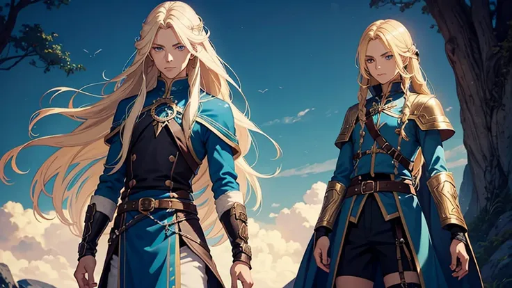 1man, long hair, blonde hair, androgynous man, blue eyes, fantasy adventurer outfit