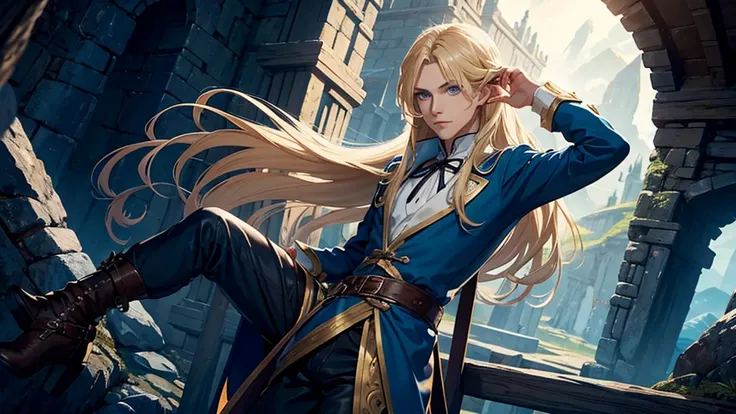 1man, long hair, blonde hair, androgynous man, blue eyes, fantasy adventurer outfit