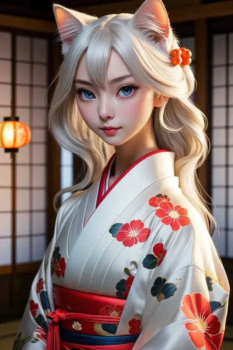 Realistic portrait of a cat in a Japanese kimono - a beautiful long-haired white cat、Beautiful Long Hair,(Japanese traditional clothing), (Evening banquet hall,, Moonlight、Traditional Japanese room:1.5)Mystical eyes、doaxvv_Marie Rose, One Girl, country, Th...