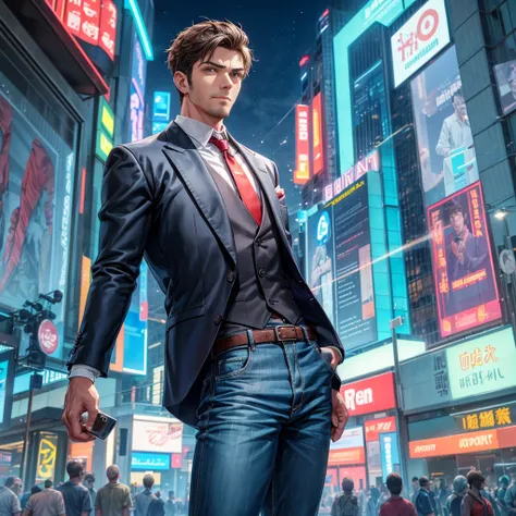 A handsome well-built wheatish skinned man standing straight at a long distance. Detailed face with short hair and a stubble. He is wearing a formal shirt with denim pants. Background is a street brightly lit with cyan and red bright and flaring neon conce...