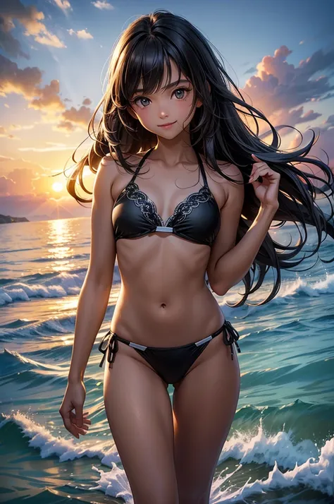 ((masterpiece, best quality, ultra-detailed, high resolution, extremely detailed CG, super detailed, Most beautiful clean lighting)), 1girl, small build, 10 years old, cute girl, pretty face, smile, Suntanned and Wheat-colored skin, Beautiful black long ha...