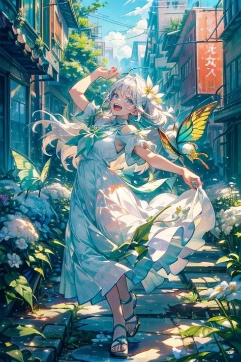 (Mastepiece), (Best Quality), Very detailed, 1 girl, (Solo Shooting:1.4), Perfect Face, beautiful girl, Very detailedな顔，(Long white hair:1.5)，(Green Eyes:1.4)，(White Dress:1.4)、(Lots of butterflies々:1.2)、bird、(Abandoned City、Plants、flower:1.4)、(たくさんのflower...