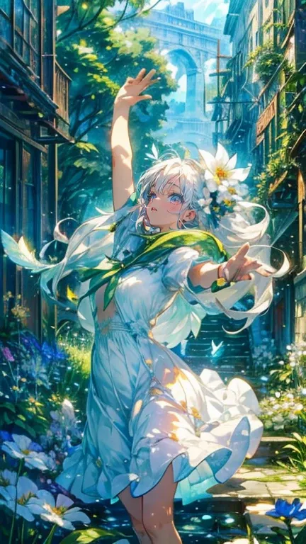 (Mastepiece), (Best Quality), Very detailed, 1 girl, (Solo Shooting:1.4), Perfect Face, beautiful girl, Very detailedな顔，(Long white hair:1.5)，(Green Eyes:1.4)，(White Dress:1.4)、(Lots of butterflies々:1.2)、bird、(Abandoned City、Plants、flower:1.4)、(たくさんのflower...